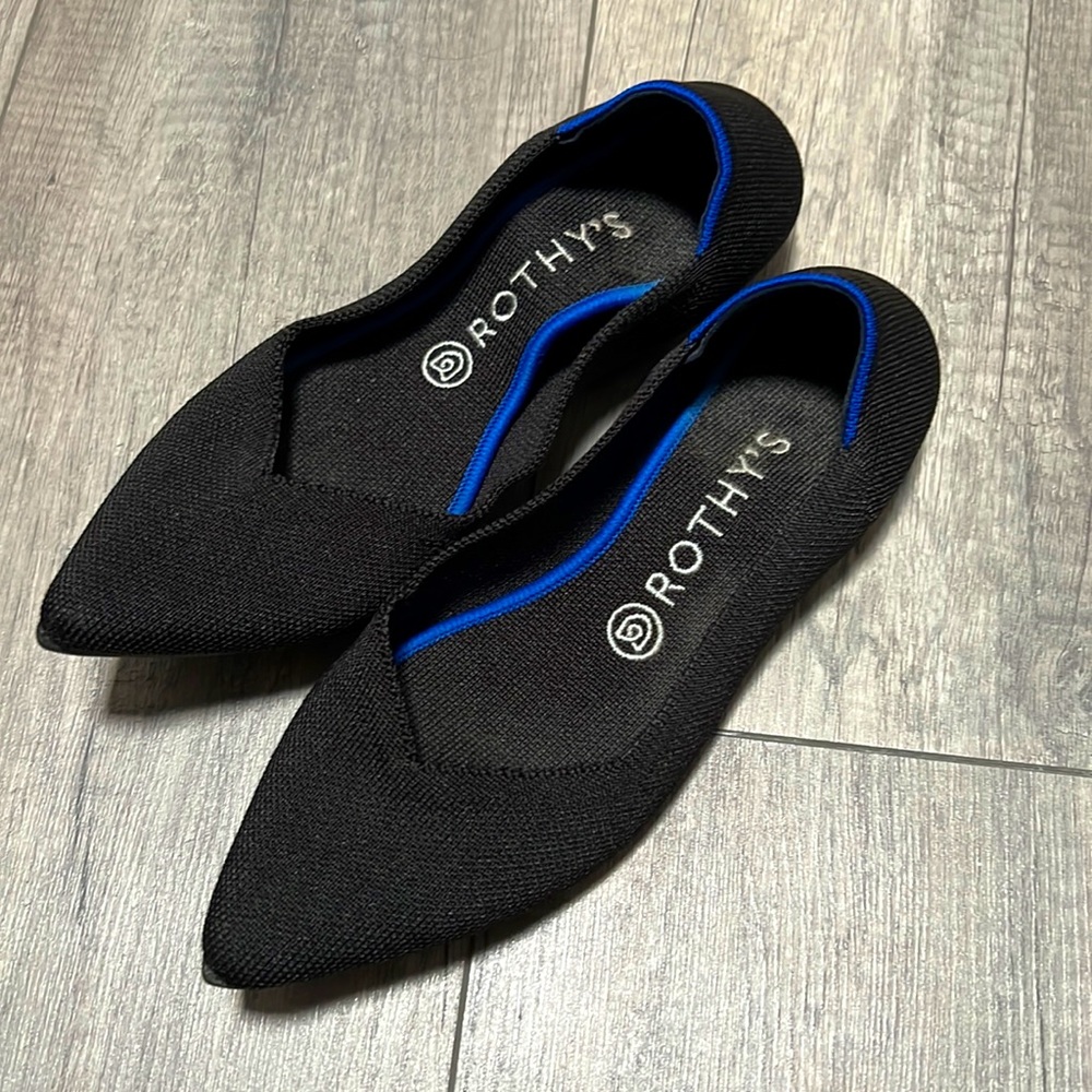Rothy's Black Pointed Flats with Blue Accent